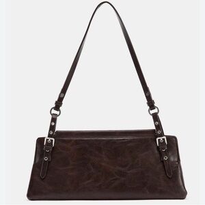 Zara Dark Brown Studded Faux Leather Vinyl Shoulder Bag Purse Elongated Long